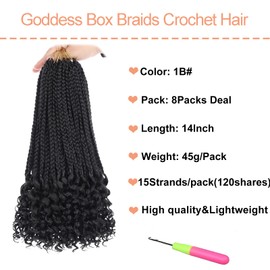 Mscat 14 Inch Goddess Box Braids Crochet Hair with Curly Ends 8 Packs Pre-looped 3X Synthetic Boho Box Braiding Hair for Women (15Strands/pack 1B#)