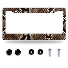 Snake Print License Plate Frame Brown Animal Skin Texture License Plate Holder Funny License Plate Stainless Steel Snake Car Accessories with Screws for Men Women Car Decoration 12.3"x6.3"