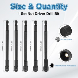 sourcing map Hex Nut Driver Drill Bit 6/7/8/9/10mm Metric 6-Point Socket 1/4" Hex Shank Magnetic Setter CR-V Steel Bolt Sockets for Power Drills Impact Drivers, 5.91" (150mm) Long
