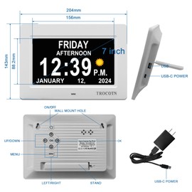TROCOTN【Newest Dementia Clock Large Digital Clock for Seniors, Calendar Clock Large Display with Custom Alarms,Wall Clock with Day & Date, Alarm Clock,Desk Clock (7 inch White)