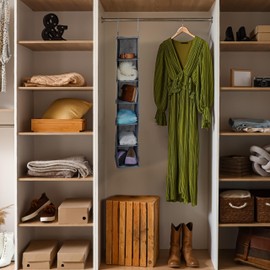 Relaxdays Wardrobe Hanging Shelf, 6 Compartments, Fabric, 92 x 15.5 x 30 cm, 2 Hooks, Wardrobe Storage Hanging, Grey