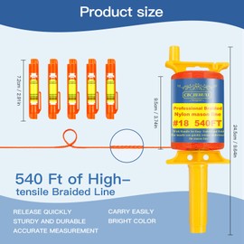 Mason Line with Handle #18, 540 Ft String, with 5 Built-in Levels and Spool Fluorescent String Line, Braided Nylon String for Gardening or Masonry Tools, Construction Twine for Outdoor Projects