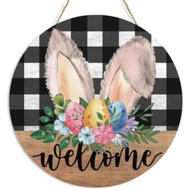 Easter Decorations Door Sign,Wooden Cute Bunny Ears Floral Welcome Easter Door Hanger Easter Door Wreath Hanging Ornament Plaque Indoor Outdoor Farmhouse Home Front Door Porch Wall Window Spring Decor