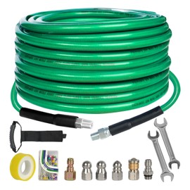Hourleey Sewer Jetter Kit for Pressure Washer 50FT, 4000 PSI Drain Cleaner Hose 1/4 Inch NPT, Corner Rotating and Button Hose Sewer Jetting Nozzle Pearl Corsage Pin Tape Handle Strap Spanner, Green