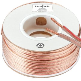 Kinter Cable 100ft 16-Gauge Audio Stereo Speaker Wire Cable, 100 Feet, 30.48 Meters, 2 Conductor, Polarity Marked, Flexible Clear PVC, CCA, Home Theater, HiFi, Surround or Auto Amps