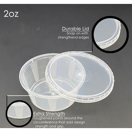 2oz Round Plastic Food Containers Lids Deli Pot or Sauce Take Away Chutney Ketchup Restaurant Jelly Shot & Dessert Cups Re-Usable (50 Pack)