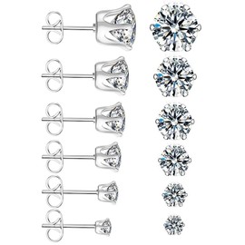 6 Pairs,3-8mm Stud Earrings Set Stainless Steel Stud Earrings Set Hypoallergenic Cubic Zirconia Earrings for Women