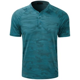 TAPULCO Men's Quick Dry Collarless Golf Shirts Short Sleeve Stretch Breathable Lightweight Moisture-Wicking Active Sports Henley Collared Polo Camo Deep Teal Large