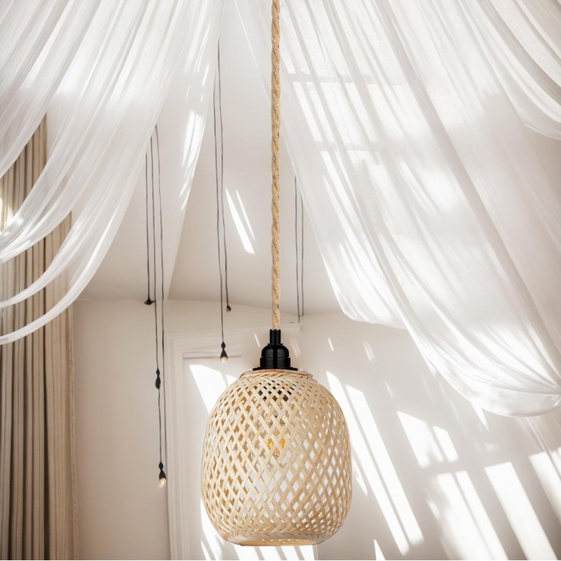 Hanging Lampshade with Plug, Outdoor Lamp, Hanging Boho Rattan Ceiling
