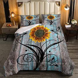 Yellow Sunflower Comforter Set Queen,Butterfly Bedding Set Rustic Farmhouse Wooden Board Down Comforter for Kids Girls Teens Women,Country Retro Floral Quilt Duvet Sets 2 Pillow Cases Blue Grey