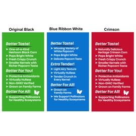 Black Jewell Gourmet Popcorn Kernels, Variety Pack with Original Black, Blue Ribbon White, and Crimson (Pack of 3)