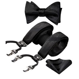 HISDERN Black Suspenders for Men Paisley Floral Tuxedo Suspenders Bow Tie Set Adjustable Strong 6 Clips Y-Back Suspender Bowtie Pocket Square for Wedding Party