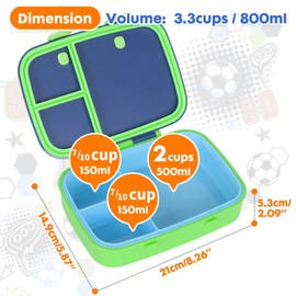PinkSheep Bento Lunch Boxes for Kids, 800ml BPA-Free Leak-Proof Children Food Containers with 3 Compartments (Football)