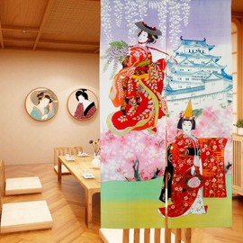 LIGICKY Japanese Noren Long Curtains, Door Curtain, Tapestry for Home Textiles, Room Divider (Kyoto Kimonos Geisha Girls, Cherry Blossoms, Temple, 85 x 150 cm)