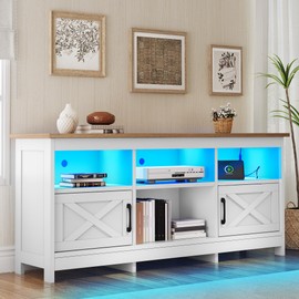 YITAHOME TV Stand for 65 Inch TVs, Entertainment Center with Storage Cabinets, Power Outlet & LED Light, Media Console Living Room Furniture, White & Walnut