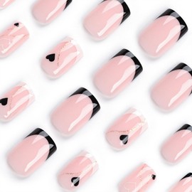 Press on Nails Square Short Fake Nails with Heart & Golden Glitter Lines Designs French Tip Nails Press ons Glossy Glue on Nails Nude Full Cover Stick on Nails for Women 24Pcs