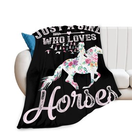 Just A Girl Who Loves Horses Blanket Horse Flower Throw Blanket for Girls Super Soft Warm Cozy Fleece Plush Bedding ​Blanket Horse Gifts for Women Kids Adults Couch Sofa 50"x60"