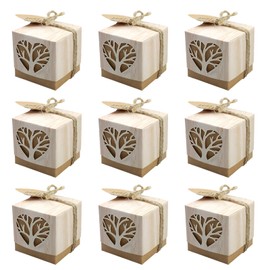 wocpvm 25 Kraft Paper Candy Boxes, Tree of Life Gift Box, Small Candy Box with 25 x Jute Cord for Party Favours, Wedding, Christmas and DIY