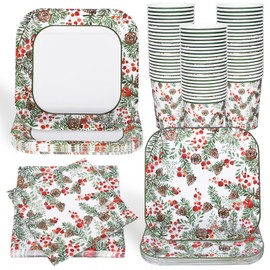 JarThenaAMCS 96Pcs Christmas Paper Tableware Set Holly Berry Pine Cone Party Supplies Xmas Square Disposable Plates Napkins and Cups For 24 Guest Winter Holiday Birthday
