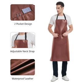 FunChaos Artificial Leather Apron, Heavy Duty Work Apron for Man Woman, Waterproof Apron Ideal for Chef, Butcher, Barber, DishWashing, Cleaning, Dog Grooming (Brown)