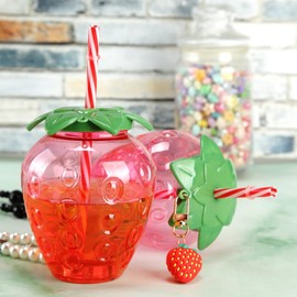 Dranvosk Strawberry Shaped Plastic Cups Drinking Cups Cool Tumbler with Lids and Straws for Summer Wedding Birthday Party Supplies,2PCS