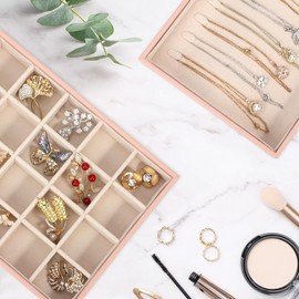 Voova Stackable Jewelry Organizer Tray with Lid, PU Leather Jewelry Storage Holder for Drawer Inserts, Jewellery Display Box Case for Earring Necklace Ring Watch Bracelet (Set of 4, Pink)