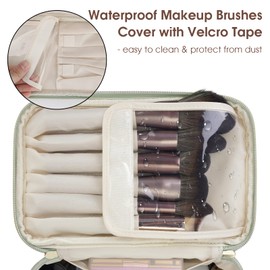 Makeup Bag Travel Cosmetic Bags with Brush Compartment Large Portable Make Up Bag with Handle PU Leather Water-Resistant Makeup Organiser Case for Women, Green