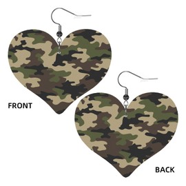 Camo Earrings For Women Army Green Camouflage Faux Leather Lightweight Heart Dangle Earrings