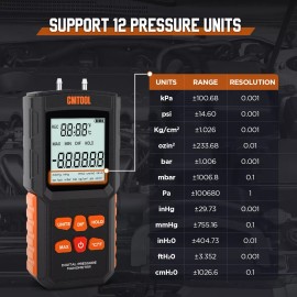 CMTOOL Digital Manometer Dual Port Air Pressure Gauge HVAC Gas Differential Meter