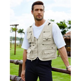 Gihuo Men's Lightweight Casual Vest Outdoor Work Fishing Zipper Travel Vest (US, Alpha, Large, Regular, Regular, Beige)