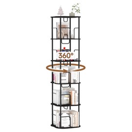 TEROL 5-Tier Rotating Book Shelf, 360° Display Spinning Bookshelf Tower, Book Organizer, Floor Standing Bookcases for Small Space, Corner Book Shelf for Bedroom, Living Room, Study Room (Black)