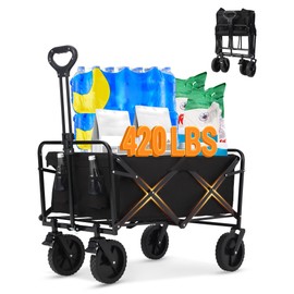 Hipicute 420LBS Heavy-Duty Collapsible Wagon Cart | All-Terrain Folding Utility Wagon with Drink Holders, Steel Frame & Waterproof Fabric | Perfect for Beach, Camping, Gardening, Grocery Shopping