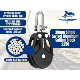 Blue Shark 2250-38mm Single Swivel Block - Max Line: 3/8” (10 mm), Safe Working Load (SWL): 900 lbs, Breaking Load: 2200 lbs (1-Pack)