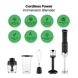 CHEFMAN Cordless Portable Immersion Blender 5-in-1 Blender Set, Ice Crushing Power with One-Touch Speed Control, Comes with Potato Masher, Whisk, Chopper, Beaker, and Storage Case, Stainless Steel