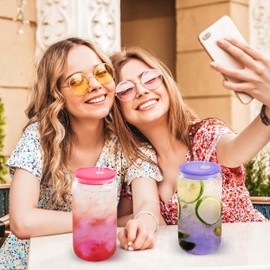 Joyclub 16oz Glass Cups with Acrylic Lids and Straws 12 Set Can Shaped Glass Iced Coffee Cups with Lids, Gradient Drinking Glasses Cute Tumbler Cup Great for Smoothie Soda Boba Tea Cocktail Beer Gift