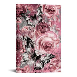 FuShvre Pink and Black Wall Decor Pink Rose Pictures Dusty Flower and Butterfly Canvas Paintings for Bedroom Framed 24x36 inches