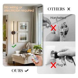 KARTOOSH Battery Operated Wall Sconces Set of Two, with Remote Control, Dimmable, Warm White/Natural White/Daylight/RGB, 350°Rotate, LED Black Wireless Wall Light for Living Room, Bedroom, 28.3 Inch