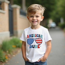 GLIGLITTR American Dude Shirt Toddler Boy 4th of July Tshirt American Flag Outfit Baby Boy Independence Day Patriotic Tee Top(White,5-6X)