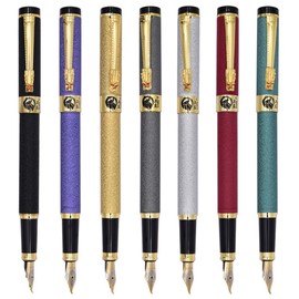 Ranvi 7 PCS Golden Dragon Red Crystal Eyes Fountain Pen,Gift Pens with Converters,Bent Nib,Mix Color