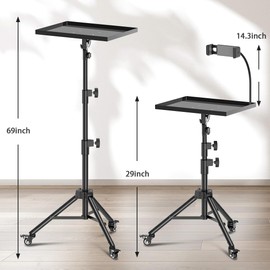 GZGDLJQ Projector Stand with Wheels, Laptop Tripod from 29" to 69" with Mouse Tray, Adjustable Height DJ Racks Stands with Gooseneck Phone Holder, for Office, Home, Stage, Studio, 1 Pack Black