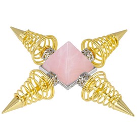 KYEYGWO Rose Quartz Healing Crystal Pyramid with 4 Gold Copper Spiral Cones, Energy Pyramids Gemstone Feng Shui Decoration for Reiki Healing, Chakra Balancing, Meditation, Crystal Therapy