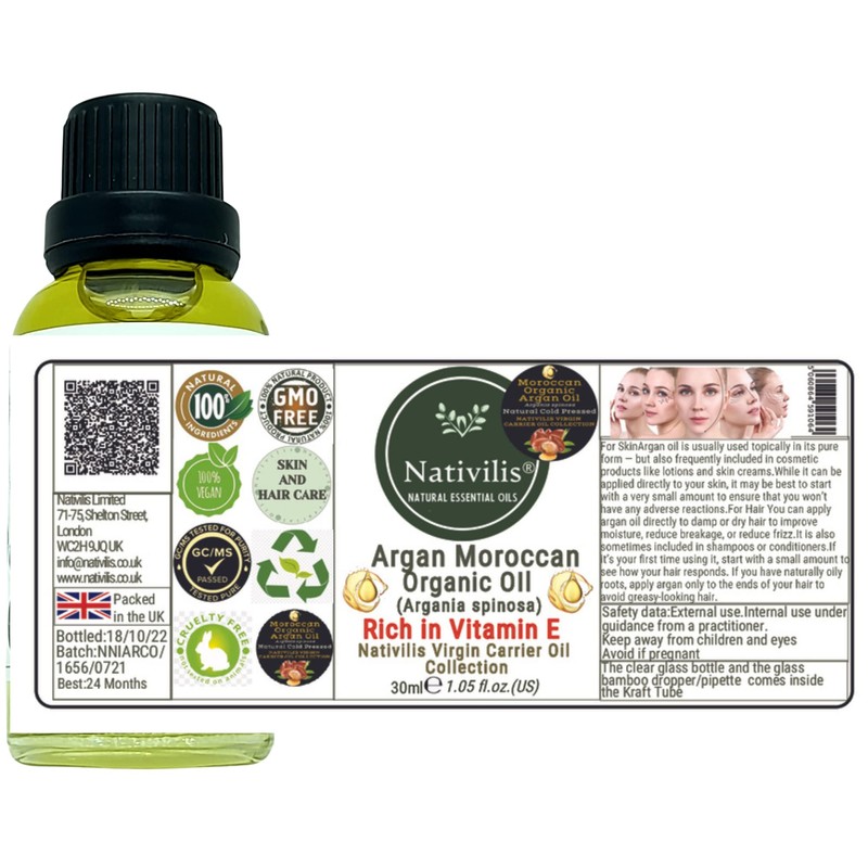 Nativilis Organic Argan Oil Moroccan (Argania spinosa) Hair, Face &