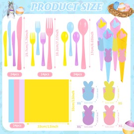 FULJOOY 24 Pack Easter Pre Rolled Cutlery Silverware Utensil Set Bundle Knives Forks Spoons Napkins Pastel Plastic Heavyweight Wrapped Tableware Supply for Spring Party Gathering Celebration Event
