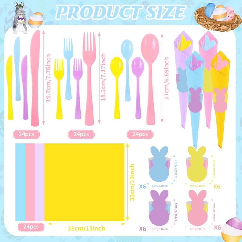 FULJOOY 24 Pack Easter Pre Rolled Cutlery Silverware Utensil Set