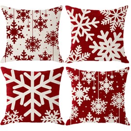 NIDITW Set of 4 Seasons Greetings Believe Let It Snow Baby Its Cold Outside Winter Snowflakes Red Beige Body Burlap Decorative Square Pillow Case Cover Pillowcase for Party 18x18 Inch
