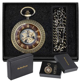 Tiong Vintage Mechanical Pocket Watch Wood Grain Hollow Design Men's Steampunk Roman Numerals Pocket Watch with Chain &Box