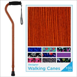 NOVA Designer Walking Cane with Offset Handle, Lightweight Adjustable Cane with Carrying Strap, Cane for Men and Women, Walking Canes for Balance, Walnut Grain Design