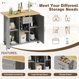 Shintenchi Kitchen Island with Storage, Bar Cart Cabinet Island Table on Wheels, Rolling Microwave Cart for Kitchen with Drop Leaf, Drawers, Towel Rack, Seating Area for Dining Room, Gray