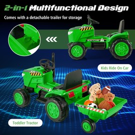 HONEY JOY Kids Ride On Tractor, 12V Battery Powered Electric Tractors with Trailer, LED Lights, Music, 3-Gear-Shift Ground Loader, Toddler Ride On Car with Remote Control (Dark Green)