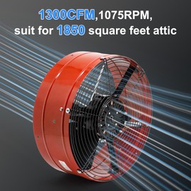 Vent Attic Fan with Adjustable Thermostat, 15" Gable Mount Ventilation Exhaust Fan 1300 CFM, 1075 RPM, 1850 SQ. FT. Attic Ventilator Red for Gable, Shed, Home